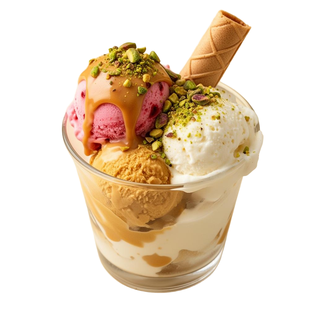 Malaki Creamery signature ice cream sundae with pistachio and caramel